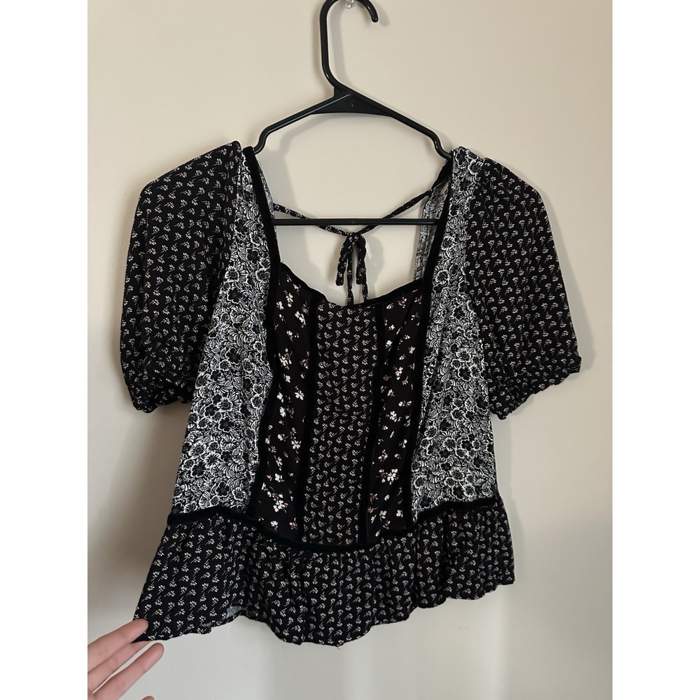 SO Goods For Life Black Floral Patchwork Peplum Top Puff Sleeve Square Neck Smal